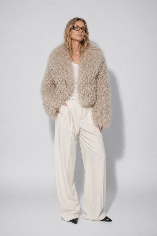 Stone Taupe Mongolian lambswool fur jacket for women by FRYA Studios