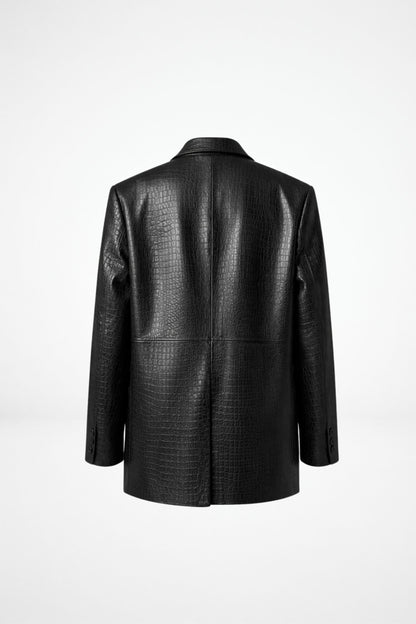 Black leather blazer mock croc texture detail by FRYA Studios