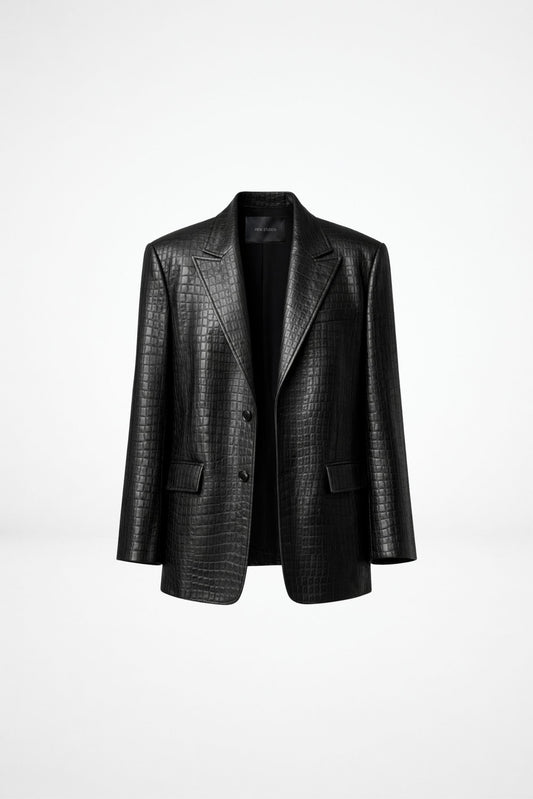 Black leather blazer for women with structured shoulders FRYA Studios