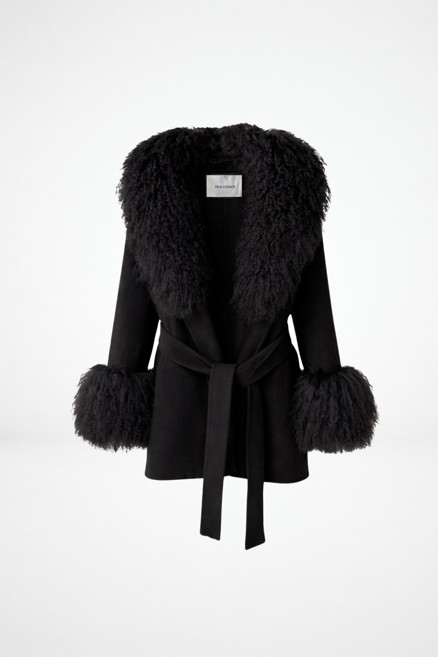 Black cashmere wool jacket with Mongolian cuffs and collar by FRYA Studios