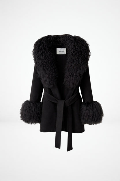 Black cashmere wool jacket with Mongolian cuffs and collar by FRYA Studios