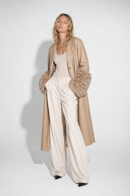 Beige leather coat with lambswool fur cuffs for women by FRYA Studios