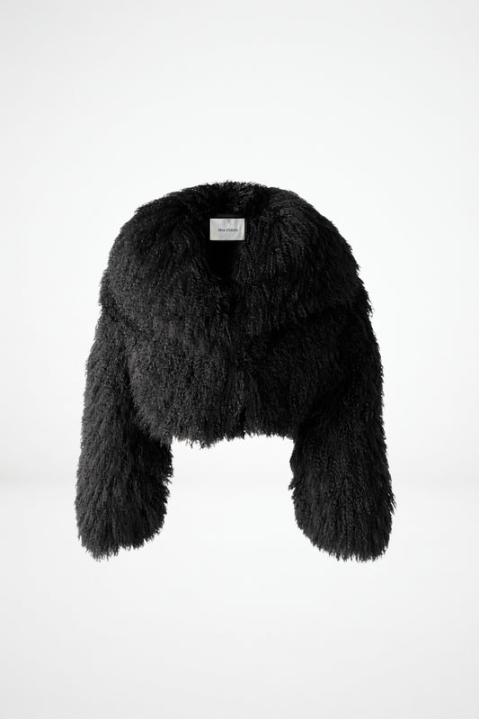 Black Mongolian lambswool fur jacket for women by FRYA Studios
