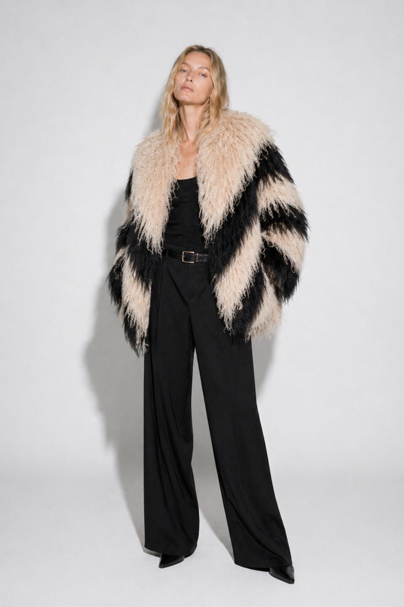 Statement Mongolian lambswool fur jacket with pattern for women by FRYA Studios