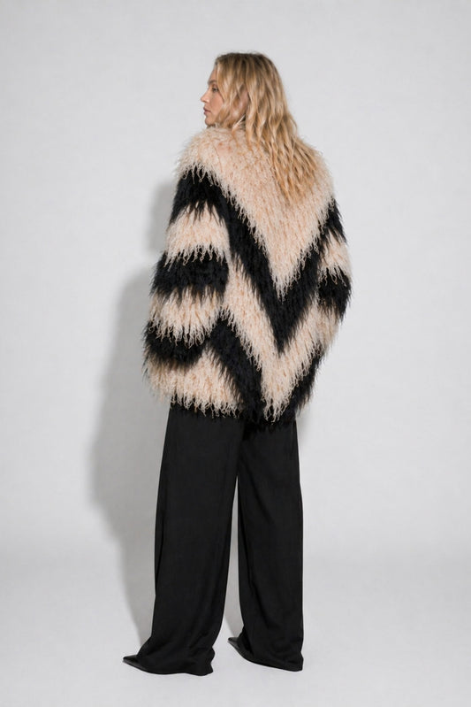 Statement Mongolian lambswool fur jacket with pattern for women by FRYA Studios