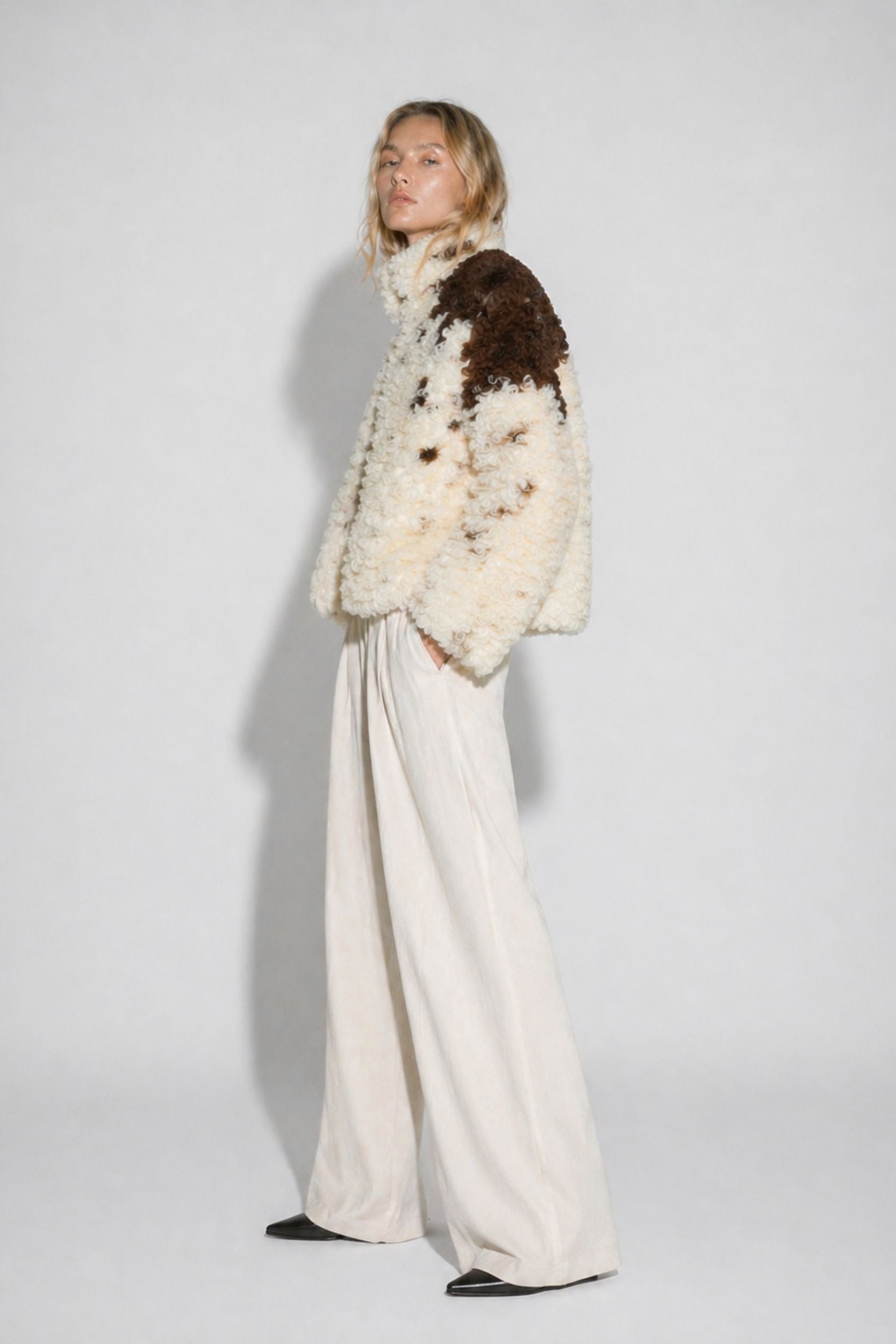 Shearling sheep wool jacket for women with contrast texture by FRYA Studios