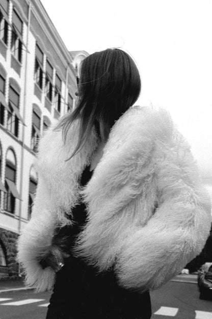 Mongolian lambswool fur jacket for women streetstyle by FRYA Studios