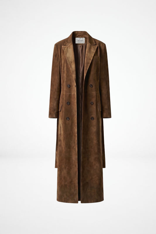 Long camel suede leather coat for women with belt by FRYA Studios