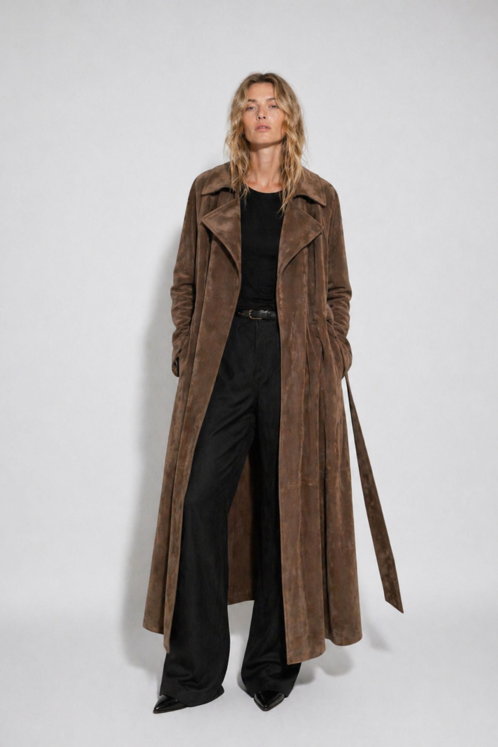Long suede coat for women with belt by FRYA Studios