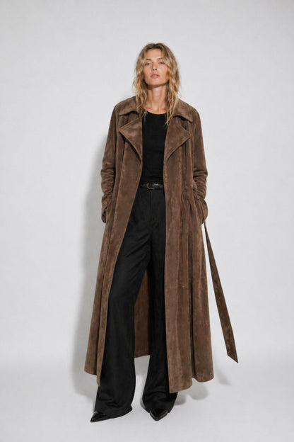 Long suede coat for women with belt by FRYA Studios