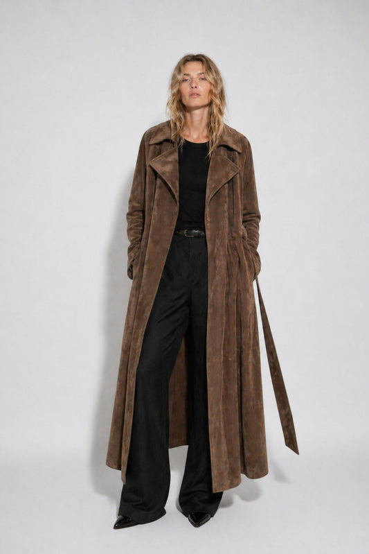Long suede coat for women with belt by FRYA Studios