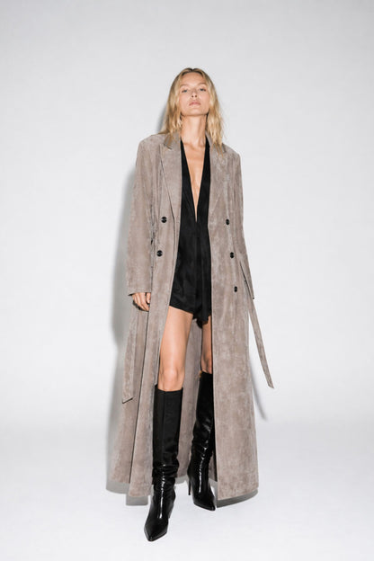 Long suede leather coat for women with belt by FRYA Studios