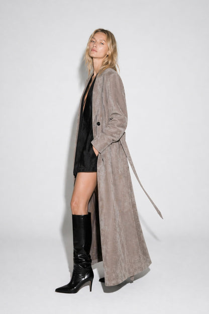 Long suede coat for women with belt by FRYA Studios