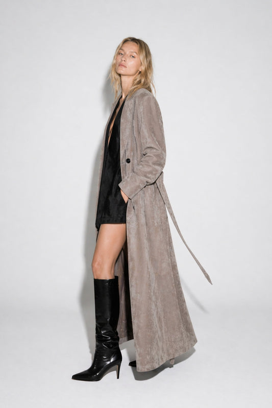 Long suede coat for women with belt by FRYA Studios