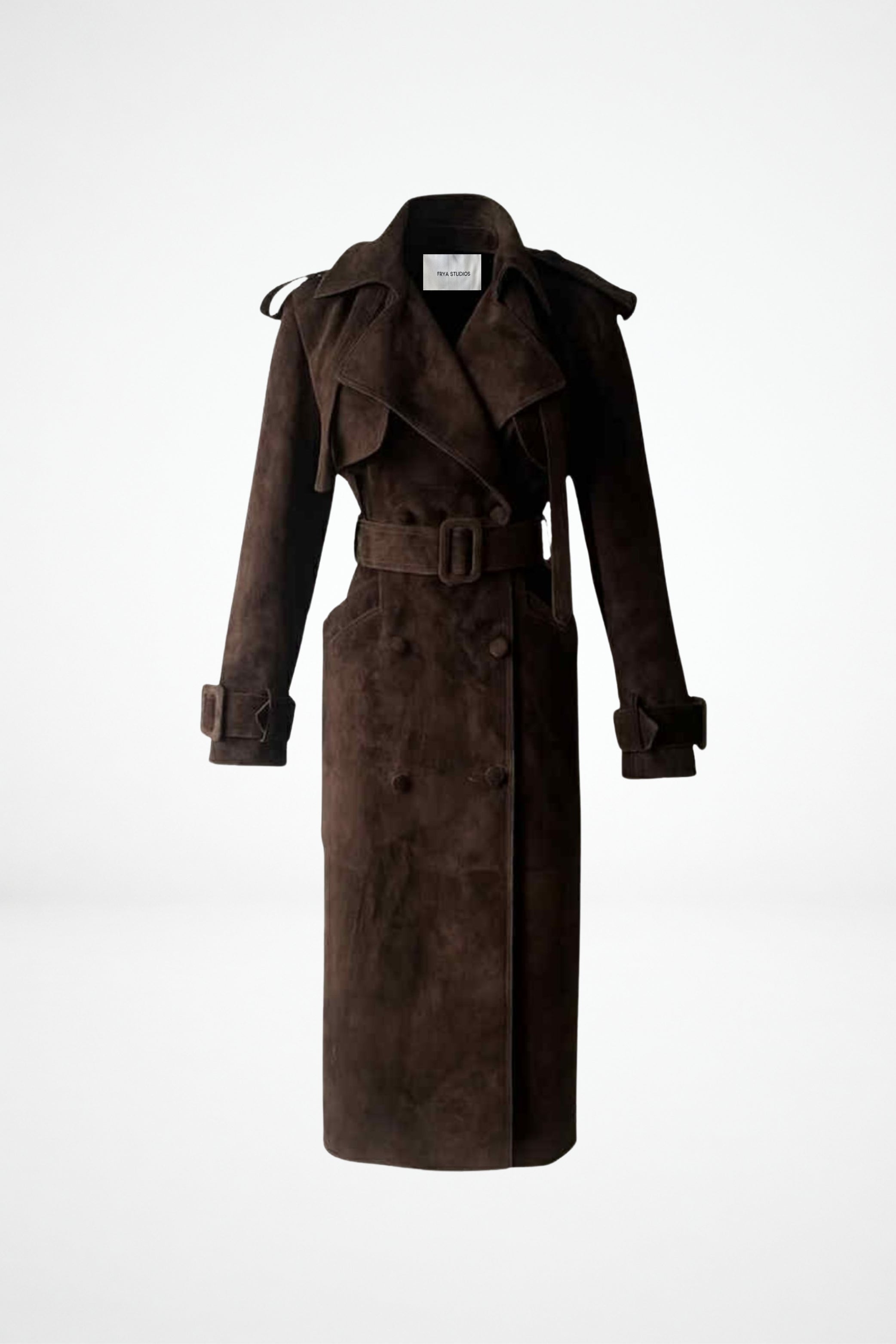 Brown suede leather trench coat for women with belt by FRYA Studios