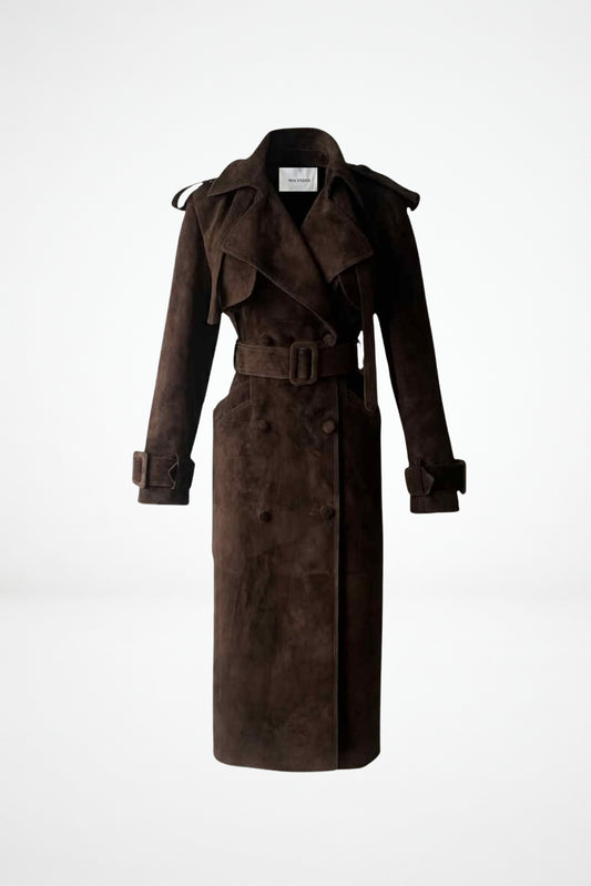Brown suede leather trench coat for women with belt by FRYA Studios