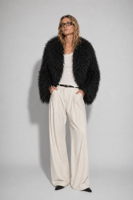 Black Mongolian lambswool fur jacket for women by FRYA Studios