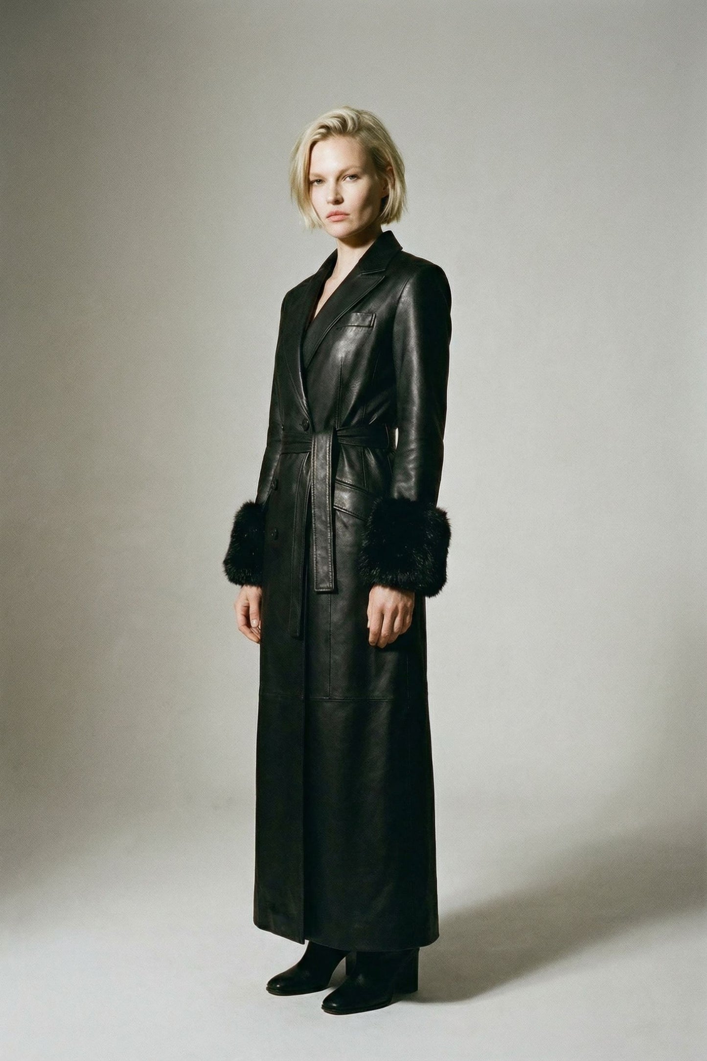 Black leather coat lambswool cuff detail by FRYA Studios