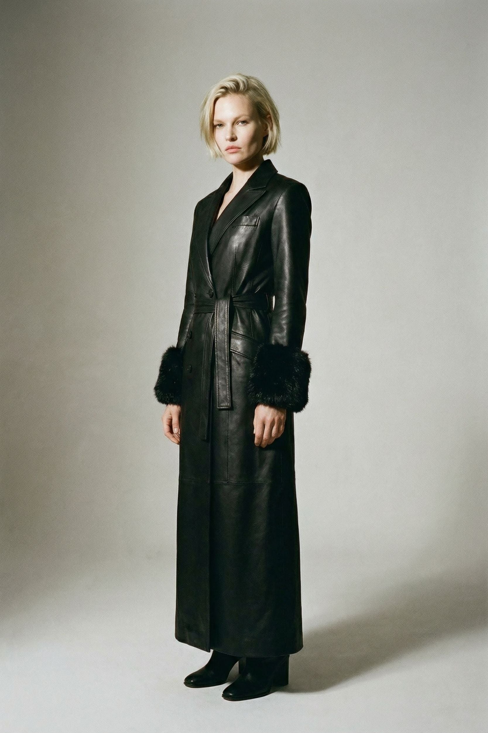 Black leather coat lambswool cuff detail by FRYA Studios