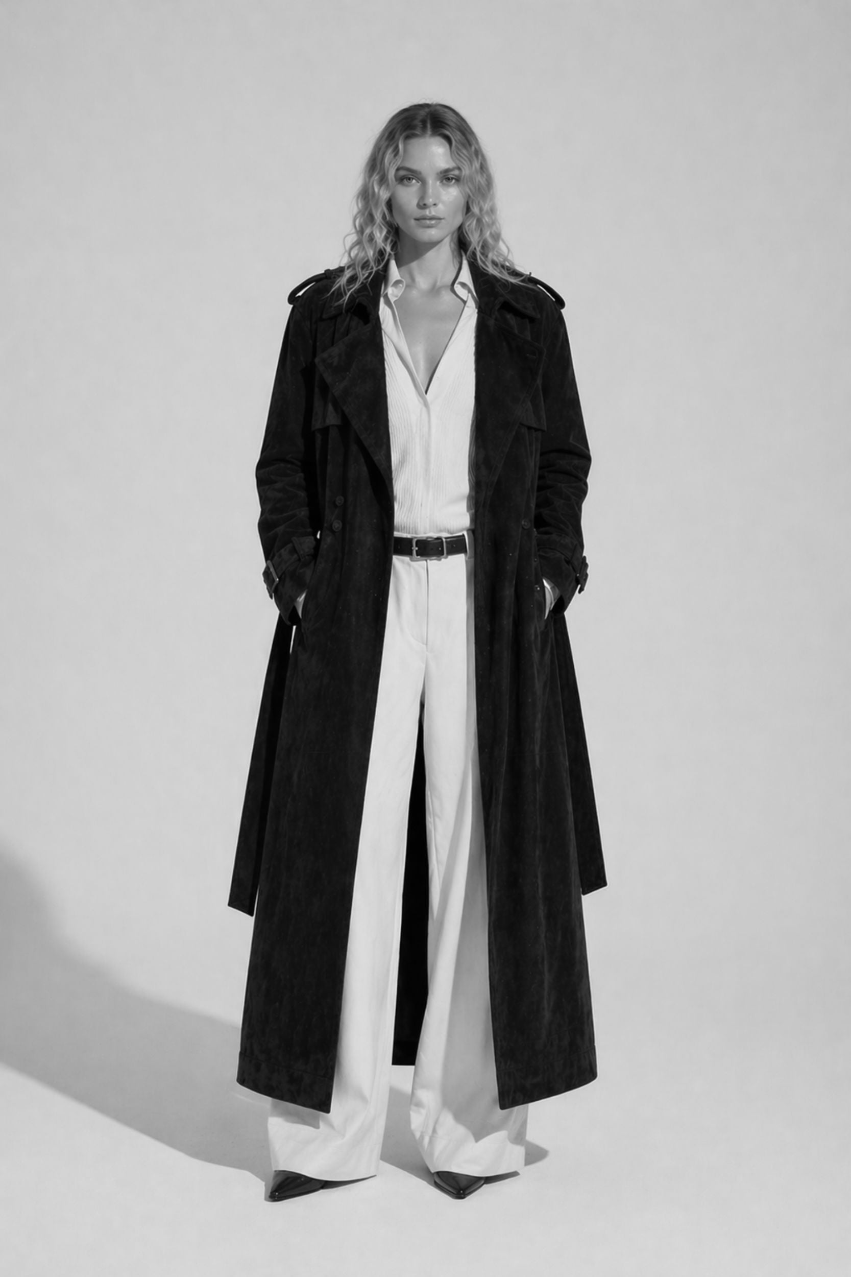 Brown suede leather trench coat for women with belt by FRYA Studios