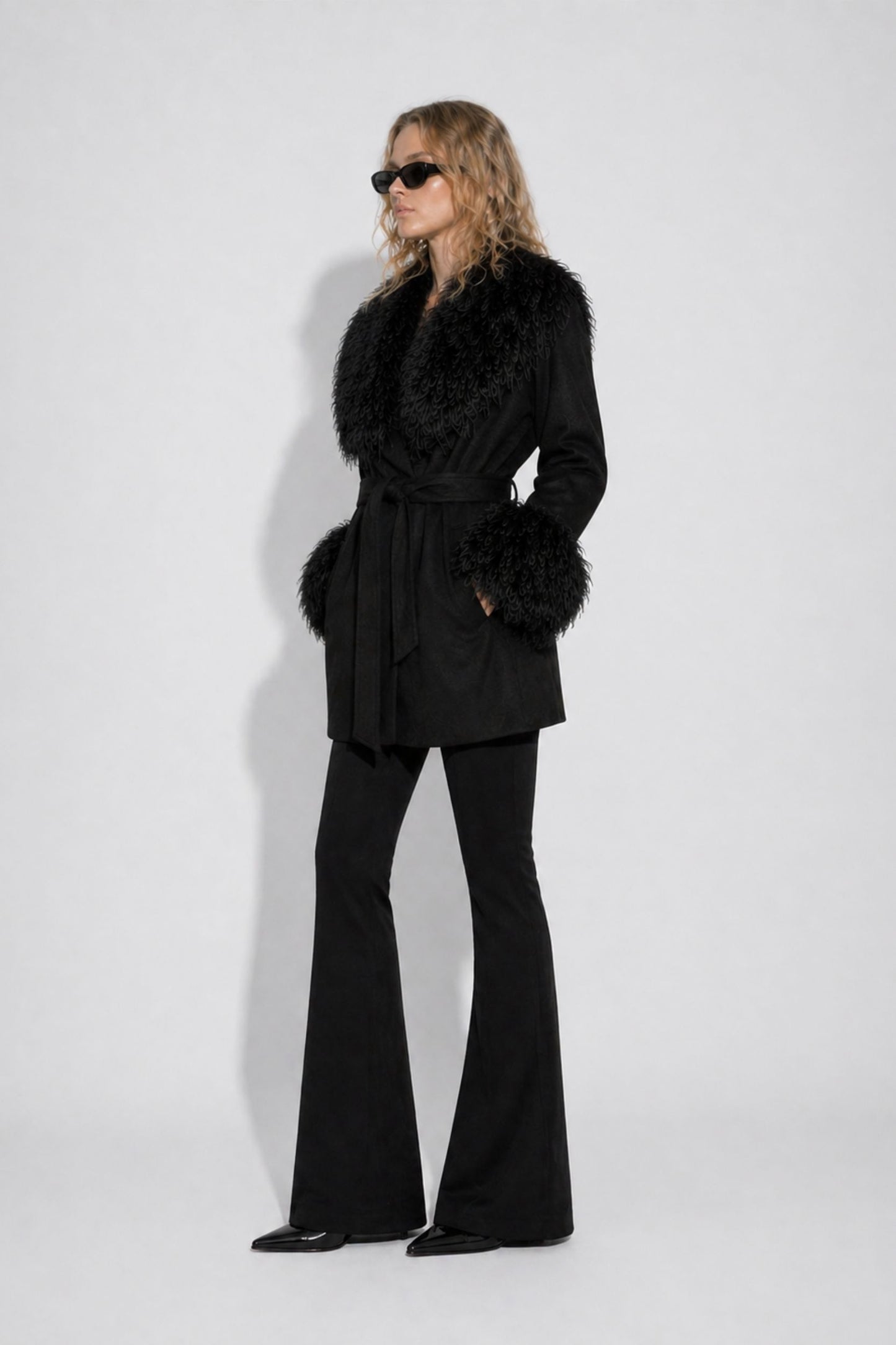 Black cashmere wool jacket with Mongolian cuffs and collar by FRYA Studios
