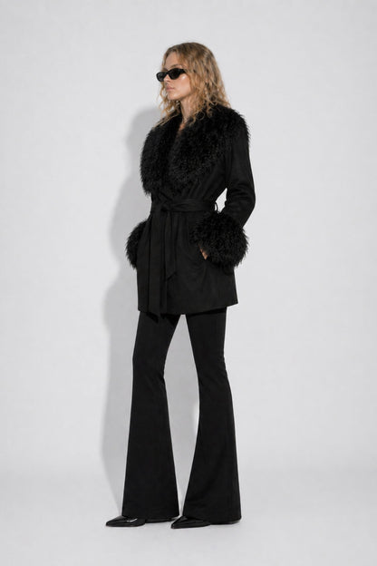 Black cashmere wool jacket with Mongolian cuffs and collar by FRYA Studios